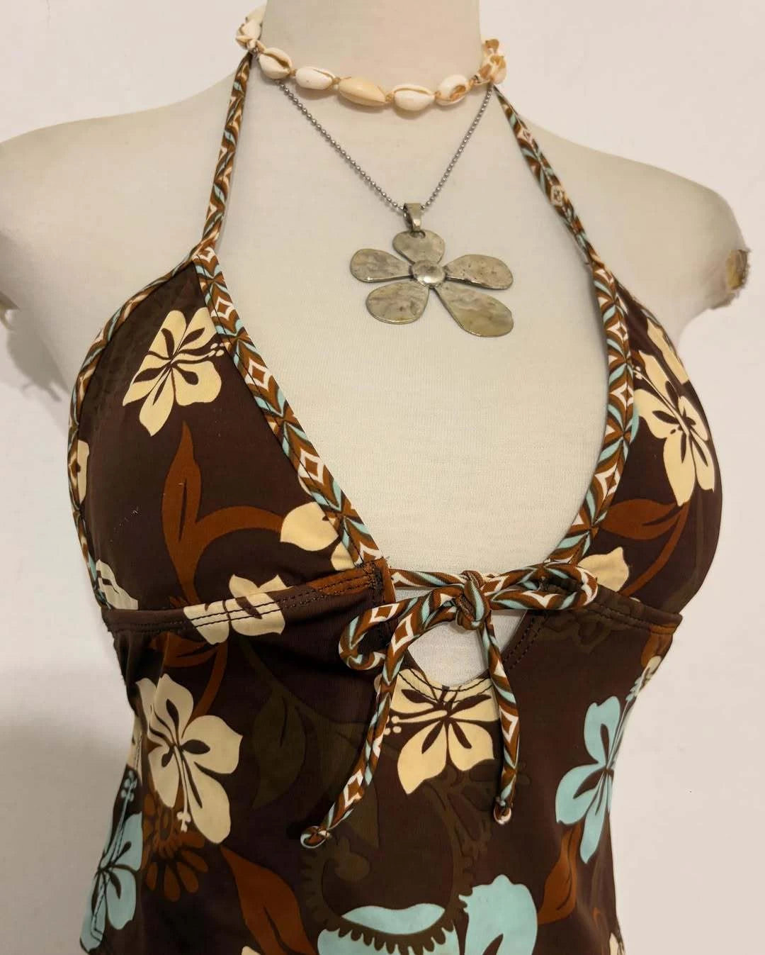 Retro Flower Hanging Neck Bikini Women's Suspender Design Sexy Swimsuit Set Vacation Beach Swimsuit Top