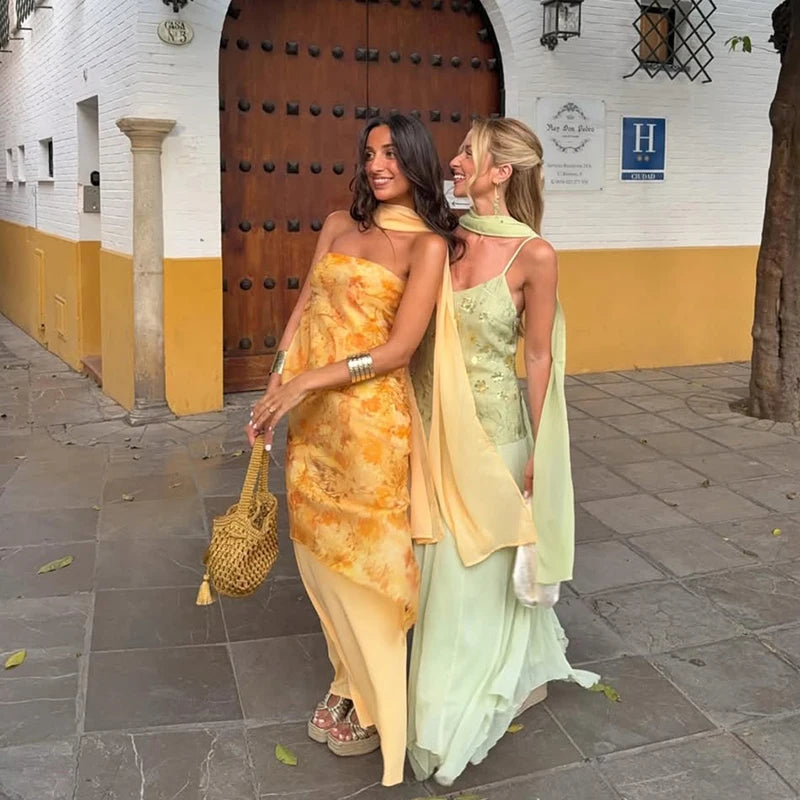 2026 Summer Elegant Maxi Slip Dress Twist Front Spaghetti Strap Slit Bohemian Wedding Guest Cocktail Party Vacation Women Gown
