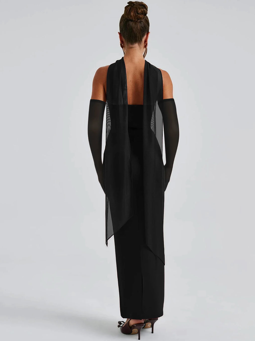 Hugcitar Elegant Scarf Strapless Solid Mesh Gloves Sexy Bodycon Maxi Prom Dress Women Fashion Y2K Outfits Wedding Party Birthday