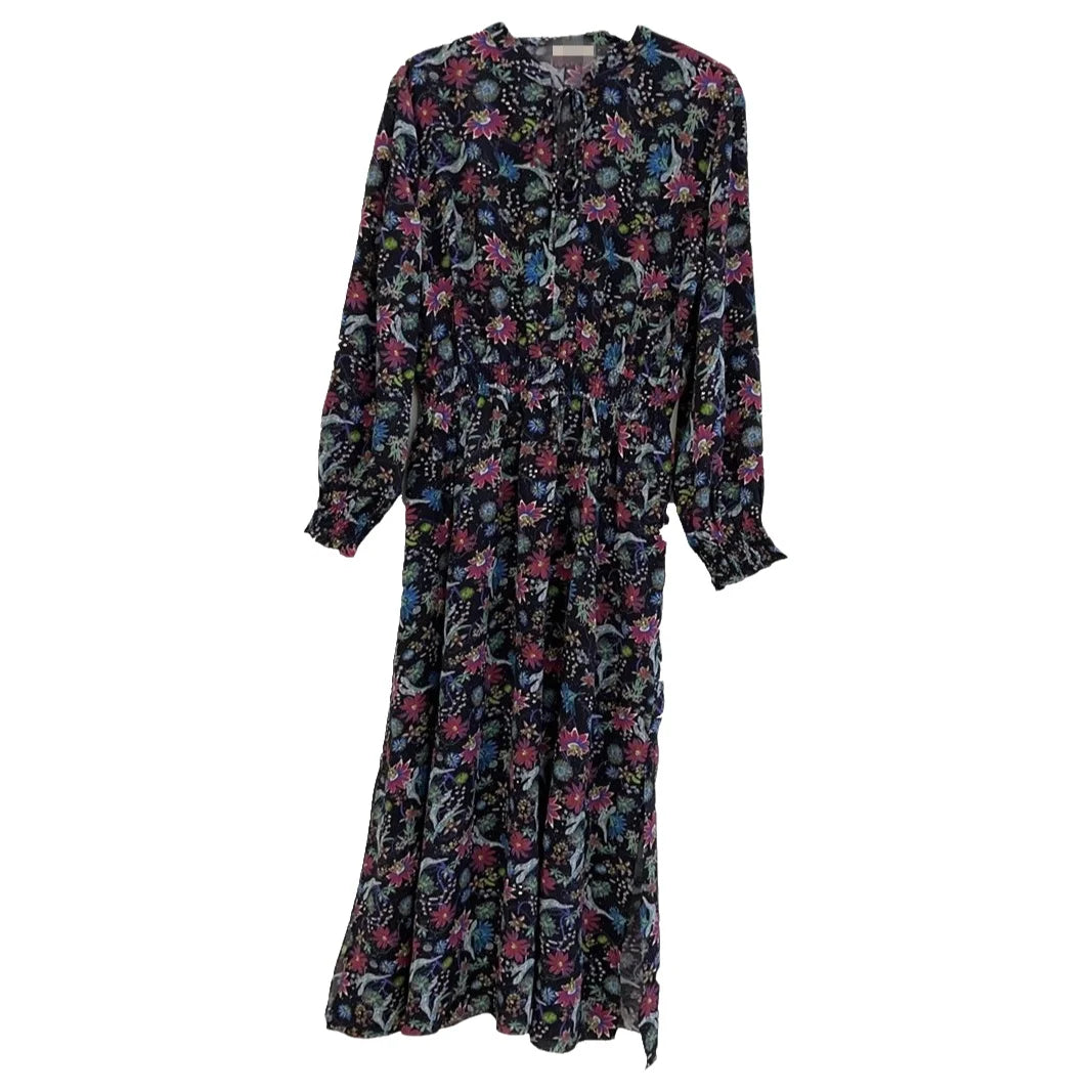 Elegant Black Floral Print Long Sleeve Slimming Dress High Waist A-Line Skirt V-Neckline Silk Fabric Spring Summer New Arrival