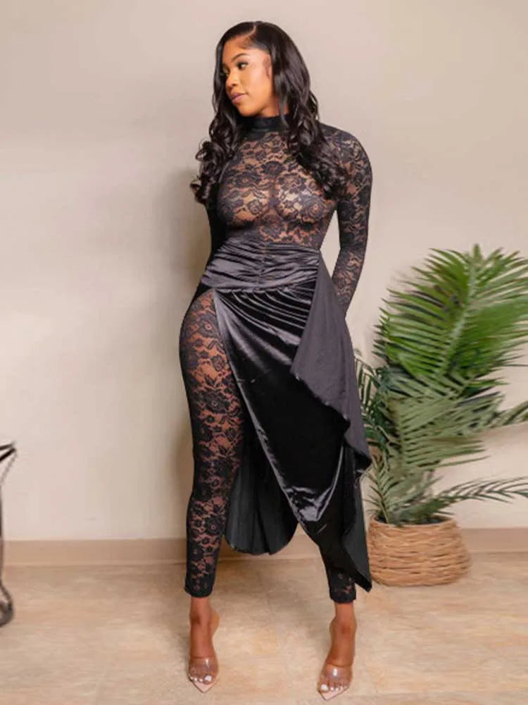 Spring Elegant Woman Jumpsuit Sexy Transparent Lace Full-length Jumpsuit Long Sleeve Jumpsuit with Dress Wholesale Dropshipping