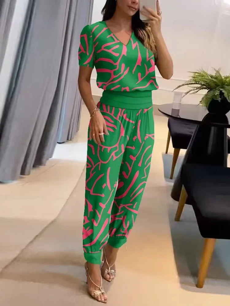 2025 New Long Pant Sets Summer Fashion Casual V-neck Print Short Sleeve Trousers Suit Two-piece Set 2 Piece Sets Women Outfit