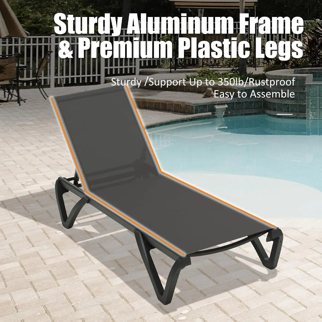 2 Pack Aluminum Outdoor Chaise Lounge,With Wheels,5 Position Adjustable,All Weather Pool Patio, Custom