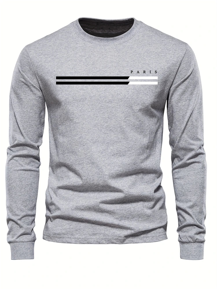 Mens Spring And Autumn Casual Fashion Loose Large Size Paris Pattern Printed Pullover Long Sleeve Gradient Round Neck Sweatshirt