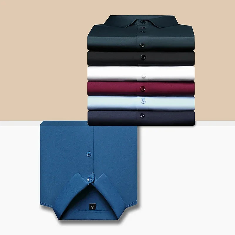 Seamless Anti-wrinkle Business Silky High Elastic Spandex Men's Long-sleeved Shirt Formal Social Non-iron Solid Color Casual