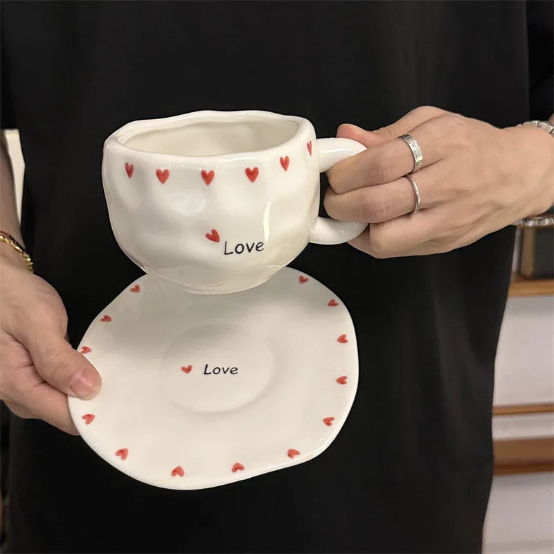 ins style retro flower ceramic cups and saucers, hand-squeezed irregular coffee cups and saucers, afternoon tea cups and saucers