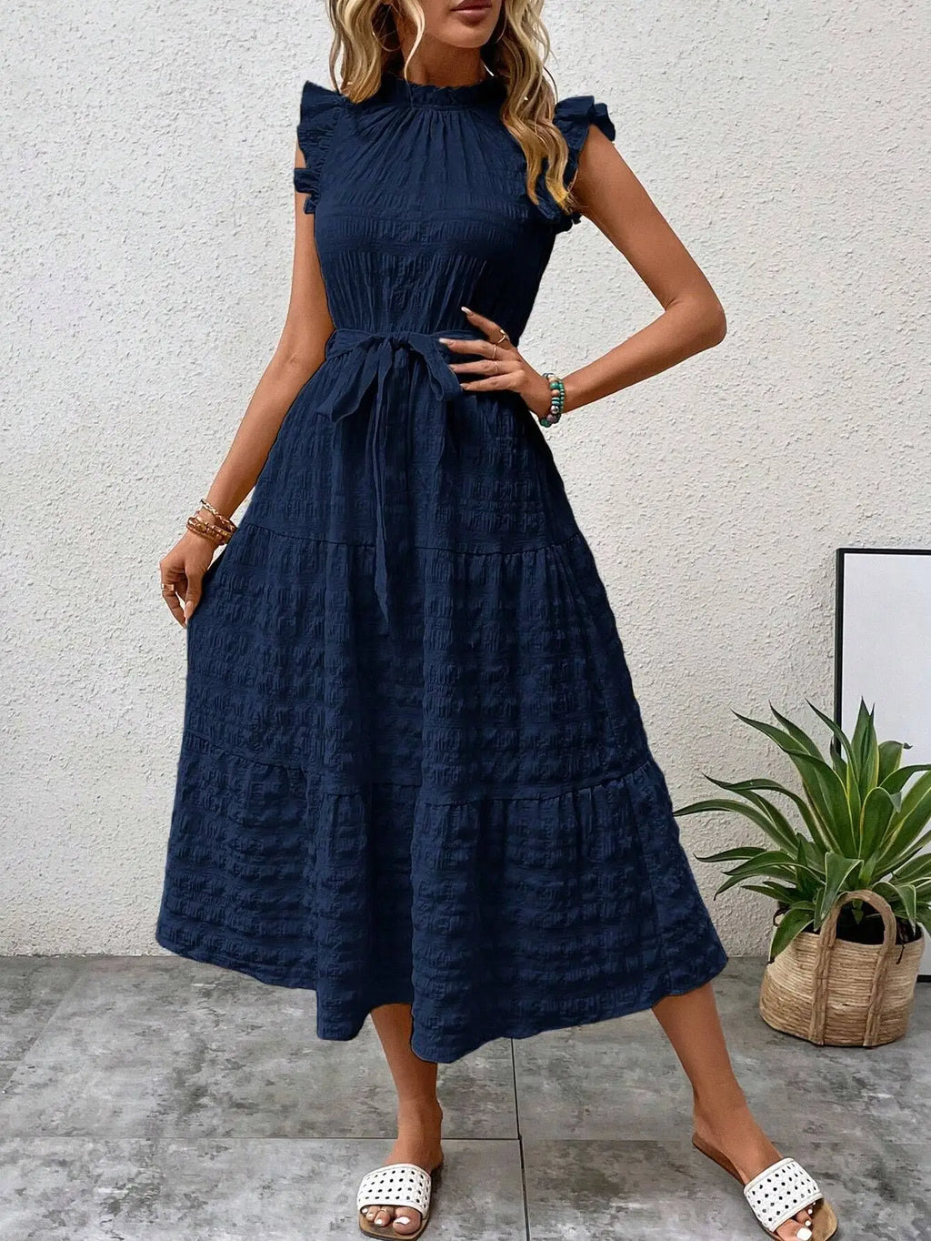 Elegant Women's Summer New Fashion Wooden Ear Edge Flying Sleeve Lace Up Texture Dress Purple  Sleeveless Lace Up Long Dresses