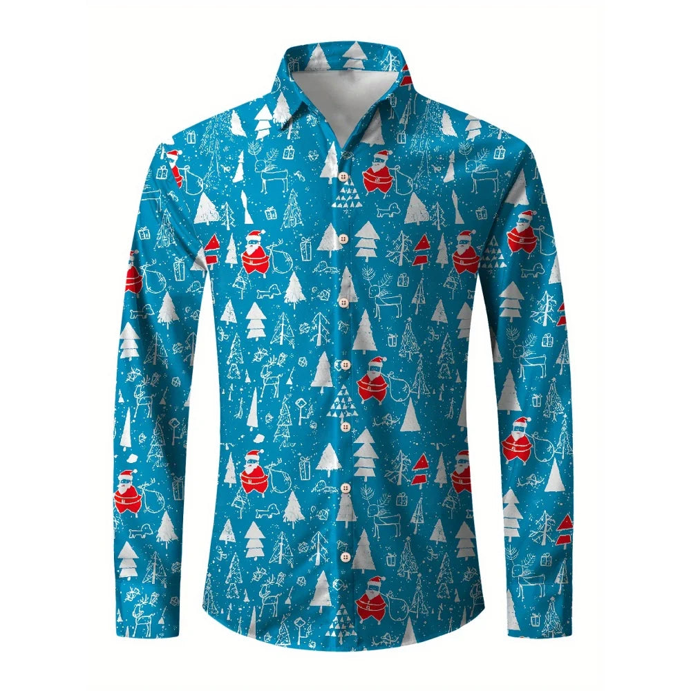 Christmas Festival Theme Men's 3D Printed Formal Shirts Christmas Tree Santa Claus Graphic Long Sleeve Shirt Fashion Men's Shirt
