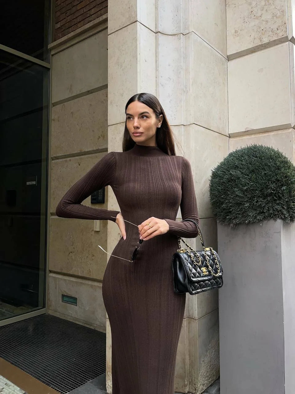 VEITCHE Autumn Winter Women Knitted Long Sleeved Sweater Dress Sexy Slim Fit Striped High elasticity Female Vestidos Sweater Out