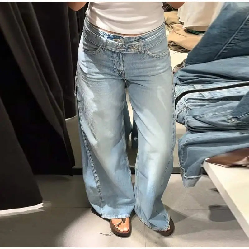 2026 Spring Low Waist Pleated Wide Leg Jeans Light Wash Raw Edge Double Waistband Casual Women Pants Trendy Y2K Lady Trousers