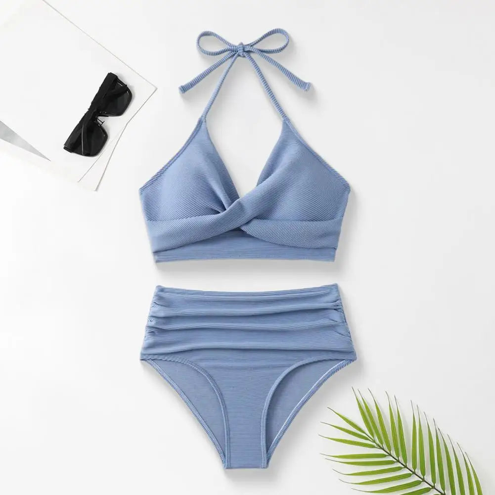 Bikini Set with Pleated Design 2pcs Summer Bikini Set with Padded Halter Bra Pleated High Waist Swimming Trunks Solid for Women