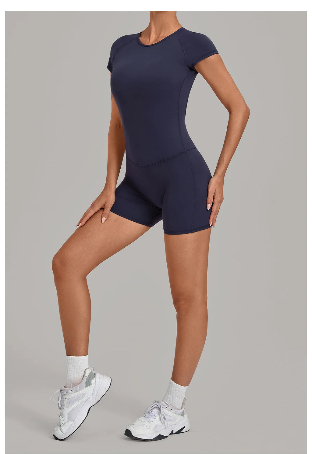 Women Short Sleeve Open Back Yoga Bodysuit Squat Proof Short Jumpsuit Gym Pilates Running Workout Fitness Sport Activewear