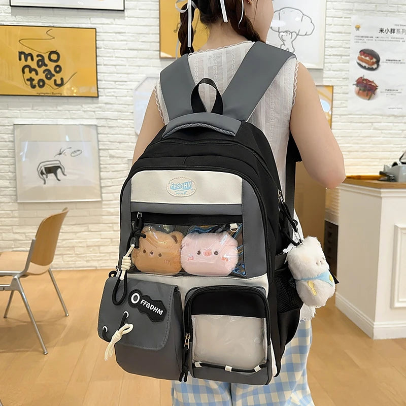 Women's Pastel Color Block Backpack Clear Display Pockets Plush Charm Bow Detail Adjustable Strap Casual Daily Itabag School Bag