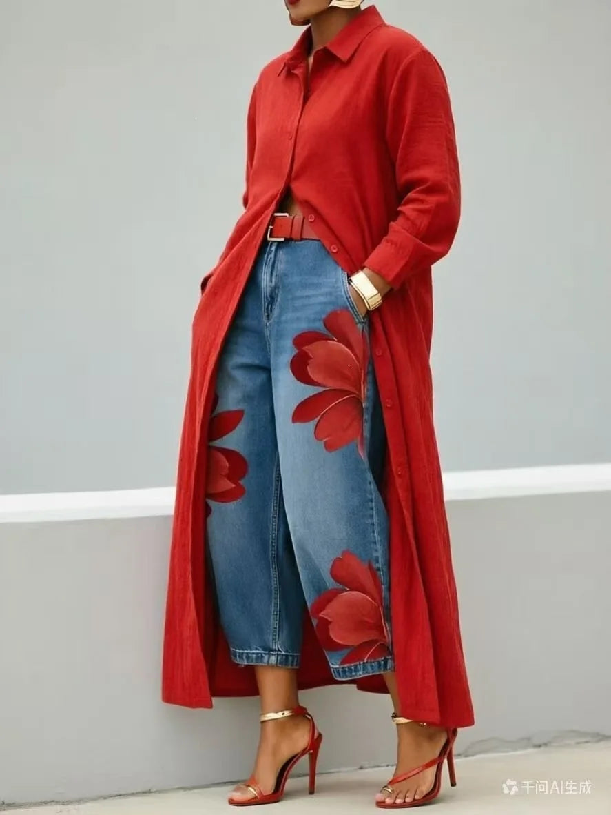 2026 New Fashion Floral Print Wide Leg Jeans Casual Cotton Denim High Waist Nine-Pants Trendy Plus Size Trousers High Street