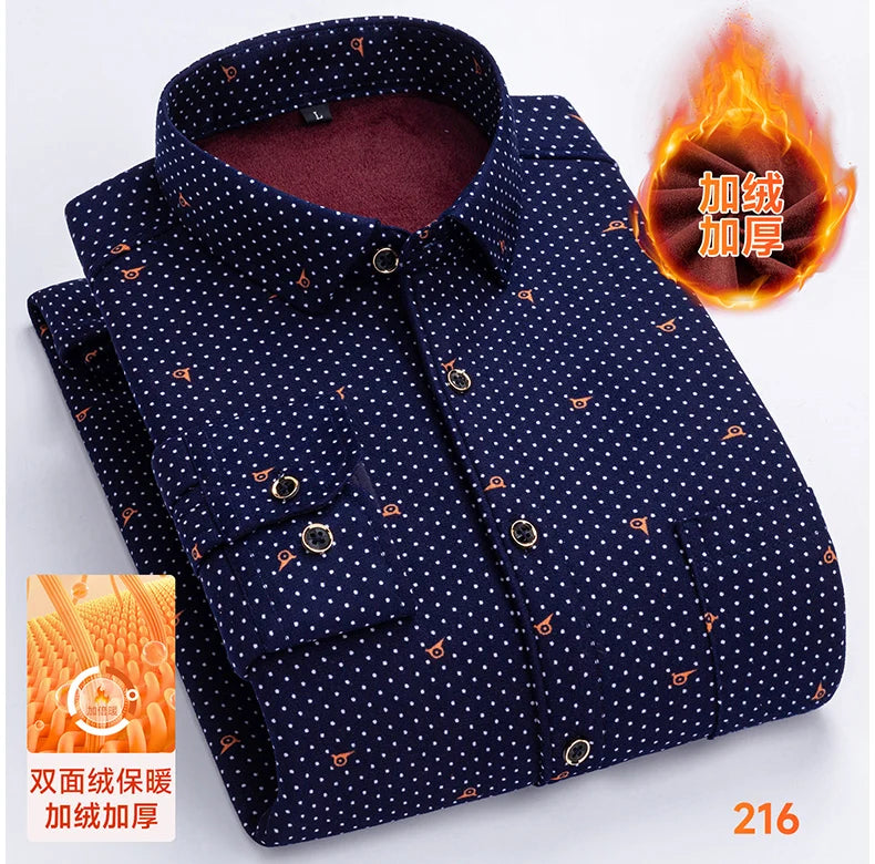 2025 Men's Winter Warm Shirts Long Sleeve Plaid Print Flower Autumn Thickened Fleece Street Trend Casual Dress Shirts 8XL 7XL