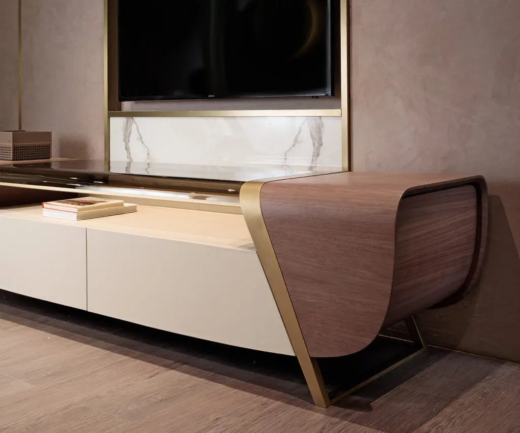 Stainless Steel TV Unit Living Room Furniture TV Stand, Wooden Marble Table Modern TV Cabinet