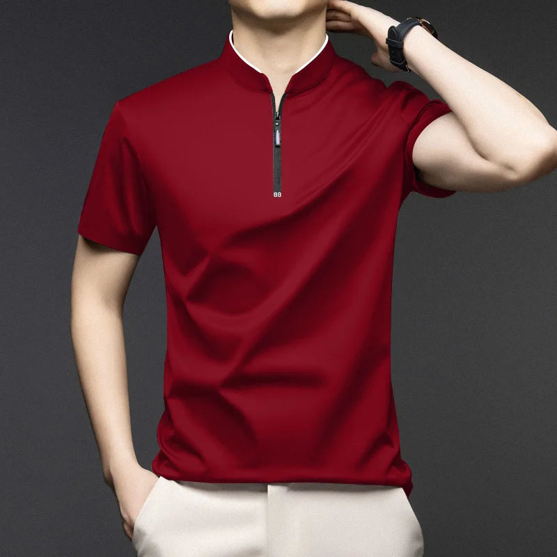 2025 New Men's Casual Fashion Zipper Solid Color Short Sleeved Polo Shirt Stand Up Collar Versatile Comfortable Top