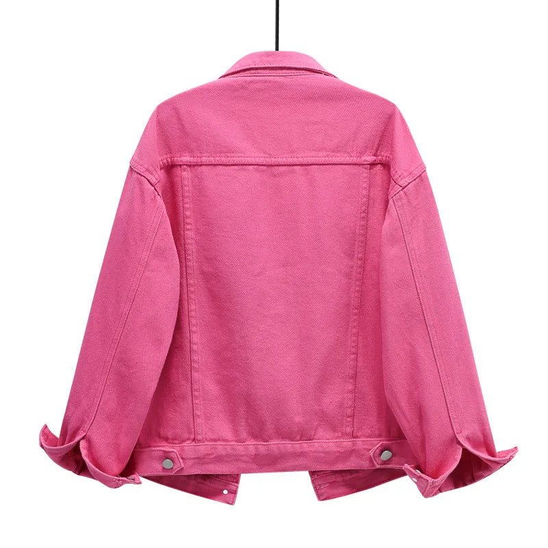Pink Denim Jacket Women's Spring Autumn Single-breasted Lapel Coat Fashion Green Black Red Blue Outerwear Female Jean Overcoat