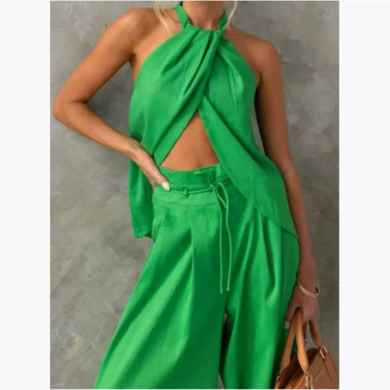 2025 Summer New Women's Elegant Solid Set Sexy Halter Tops+Lace-up Wide-leg Pants Two Piece Set Fashion High Street Office Lady