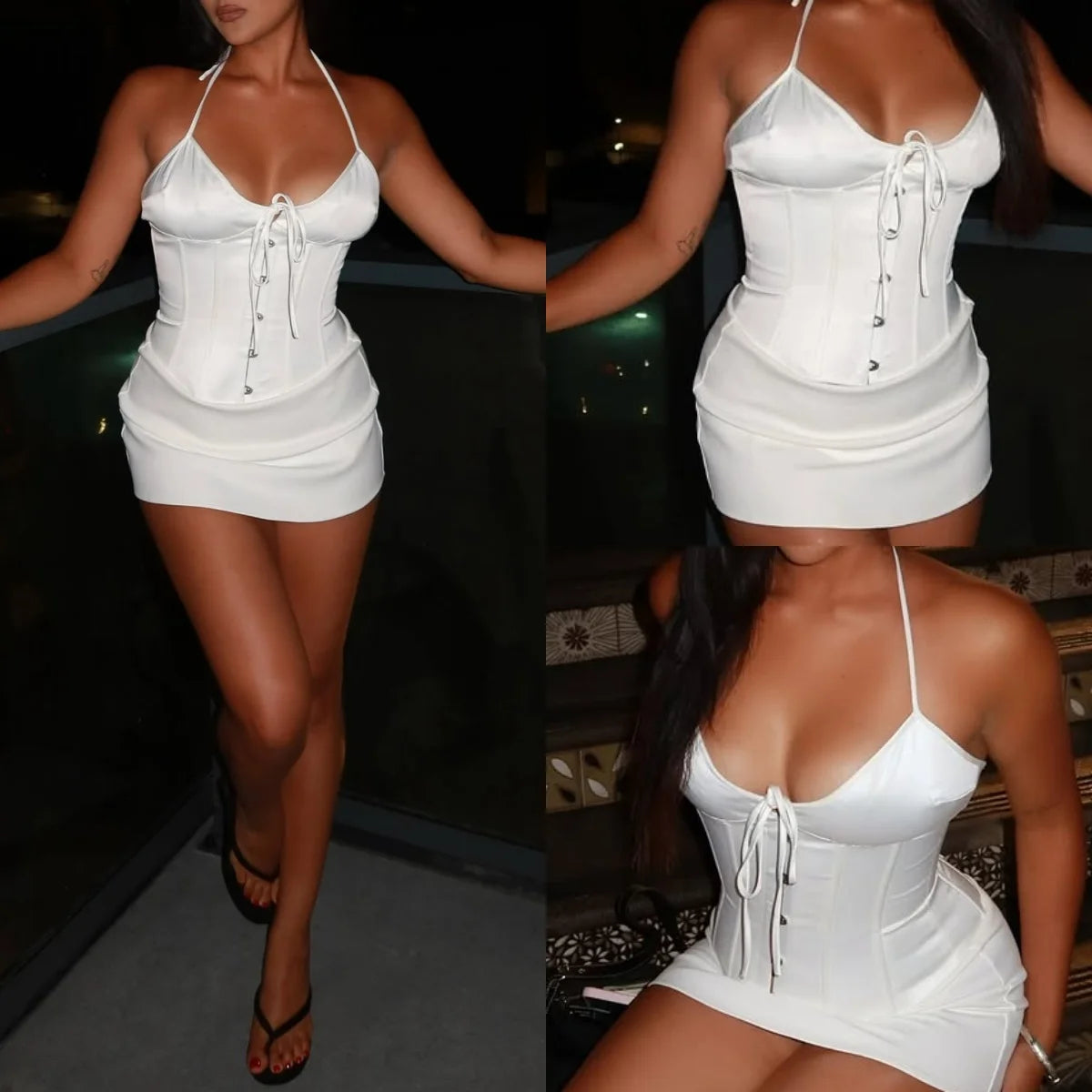 Guz White Satin Corset with Adjustable Back Straps, Slimming and Elegant Style, Strapless V-Neck Top, White Bodycon Skirt with Safety Shorts Design, Sexy Hot Girl Outfit