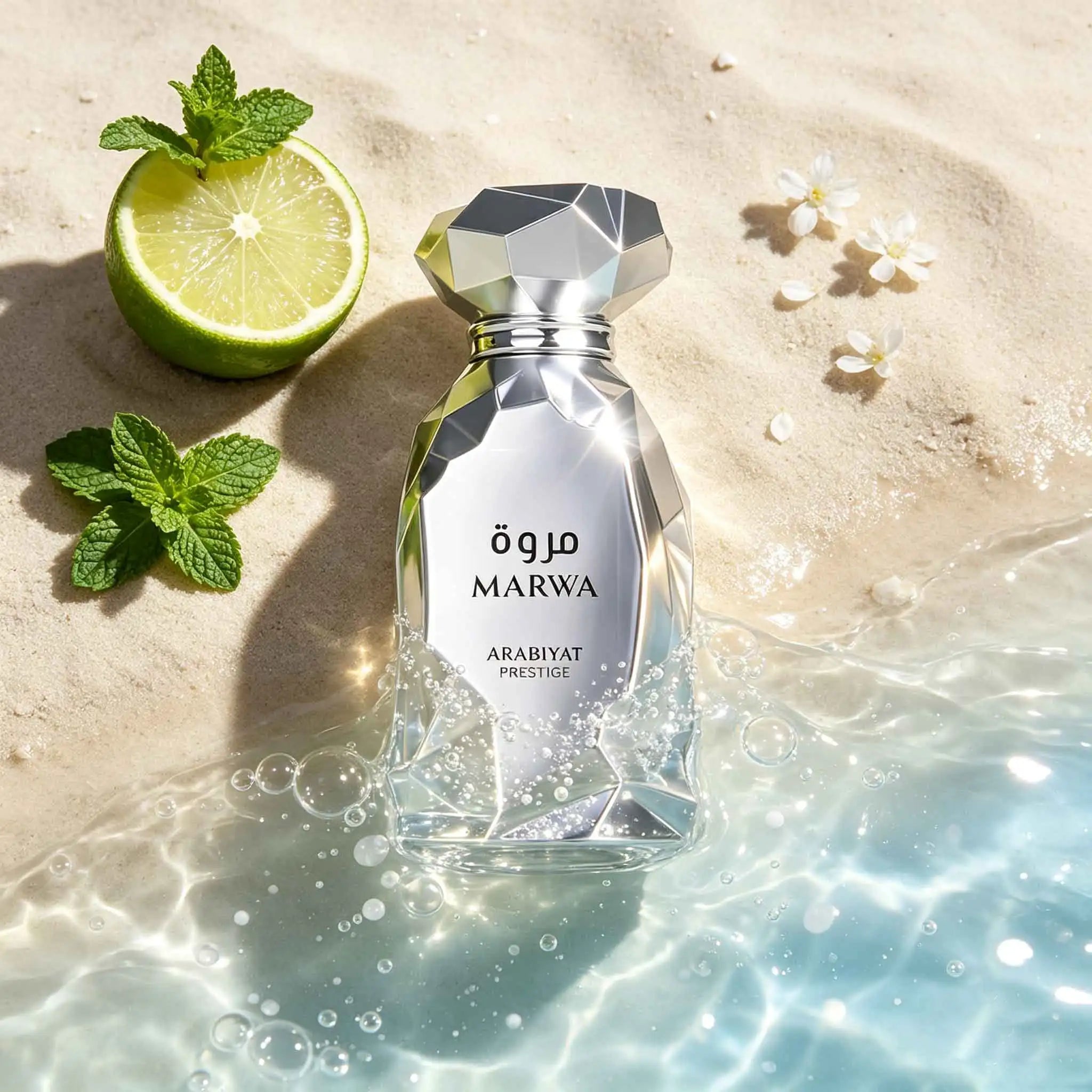 Arabiyat Prestige MARWA Eau De Parfum. Unique Faceted Silver Bottle With Stunning Metallic Texture. Elegant Long-lasting Fragrance, Luxury Arabian Perfume For ,Modern Men And Women.