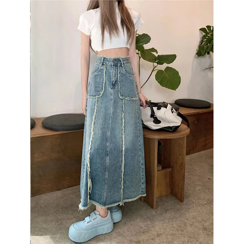 Women's Tassel Denim Long Skirts, Vintage Pocket, A-line Jeans Skirt, High Waist, Women's Fashion, Spring, S-5XL