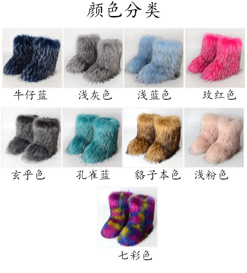 Women's Winter Snow Boots Outdoor Luxury Furry Faux Fox Fur Boots Woman Plush Warm Platform Shoes New Fashion Bottes Big Size 46