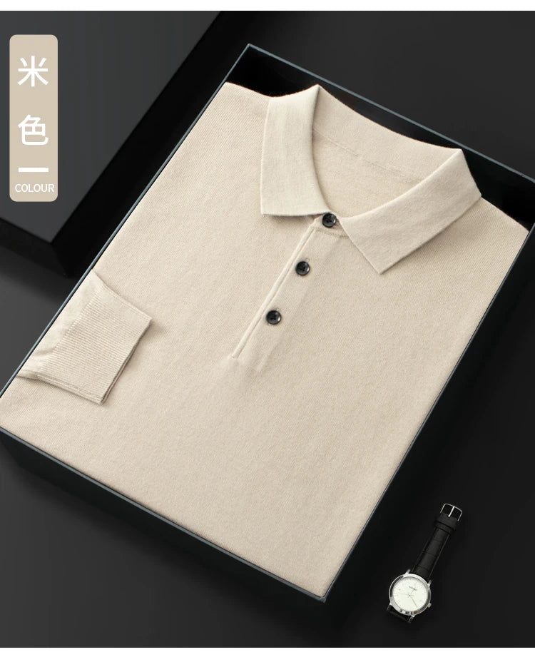 Men's Worsted Wool Kknit Pullover, Business Casual Polo Neck Sweater, Monochromatic Loose Top, Autumn and Winter Fashion, New