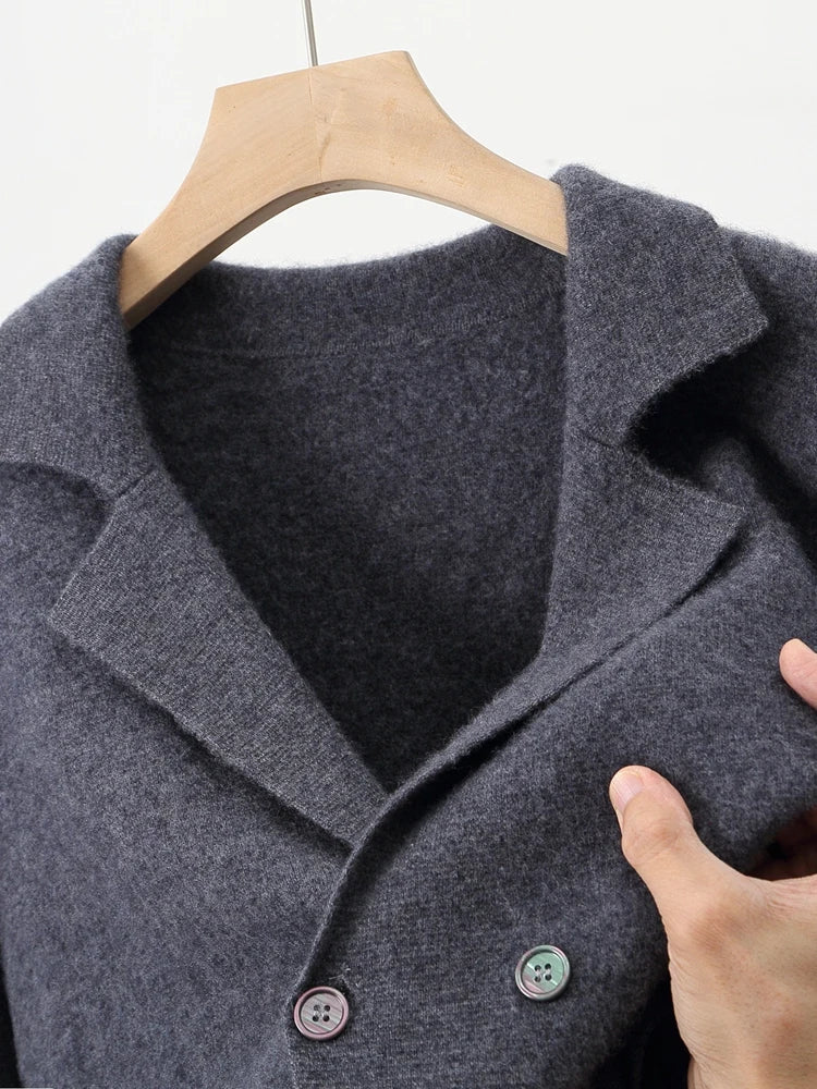 100% Merino Wool Sweater Men's Suit Collar Cardigan Smart Casual Knitwear Autumn Winter Cashmere Solid Coat Pockets Clothing Top