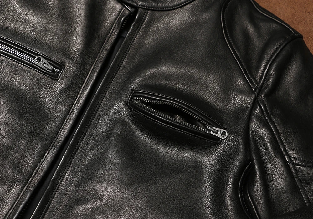 Black Winter Leather Jacket Men Sports Style Plus Size 5XL Genuine Natural Thick Cowhide Stand Collar Slim Fit Short Coat