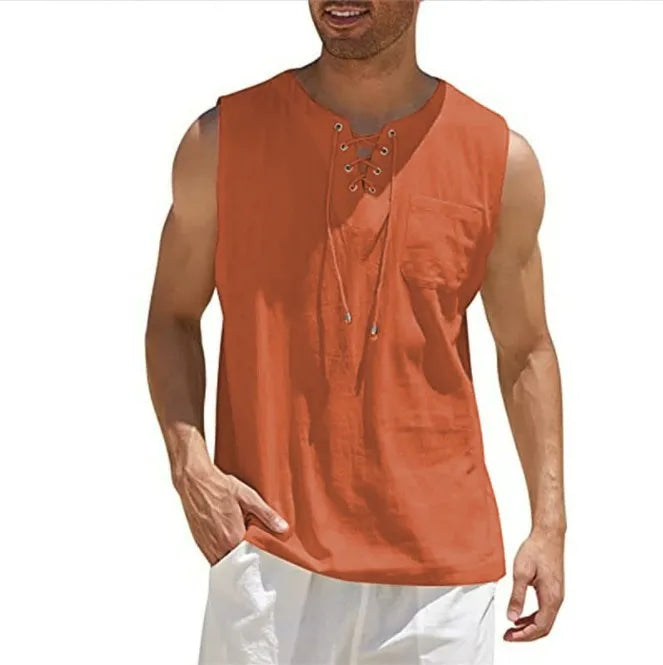 New 2026 Men's Casual Cotton Linen Tank Tops Men Drawstring V Neck Sleeveless Shirts Summer Casual Shirt Gym Fitness Vest Tops