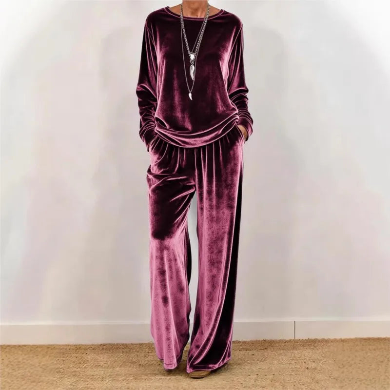 2026 Women Spring Autumn Velvet Two Piece Suit Fashion Solid Color O-Neck Top+Wide Leg Pants Set Ladies Loose Comfortable Outfit