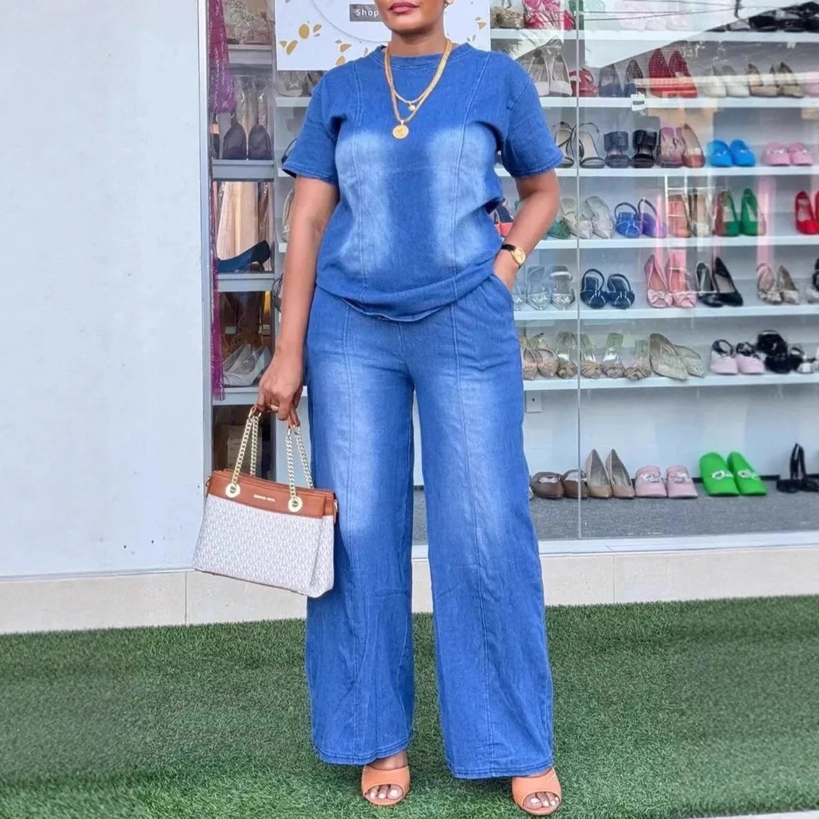 Women Pant Set Two Piece Sets Denim Round Neck Short Sleeve Tops Casual Loose Wide Leg Long Pants High Waist Y2k Streetwear