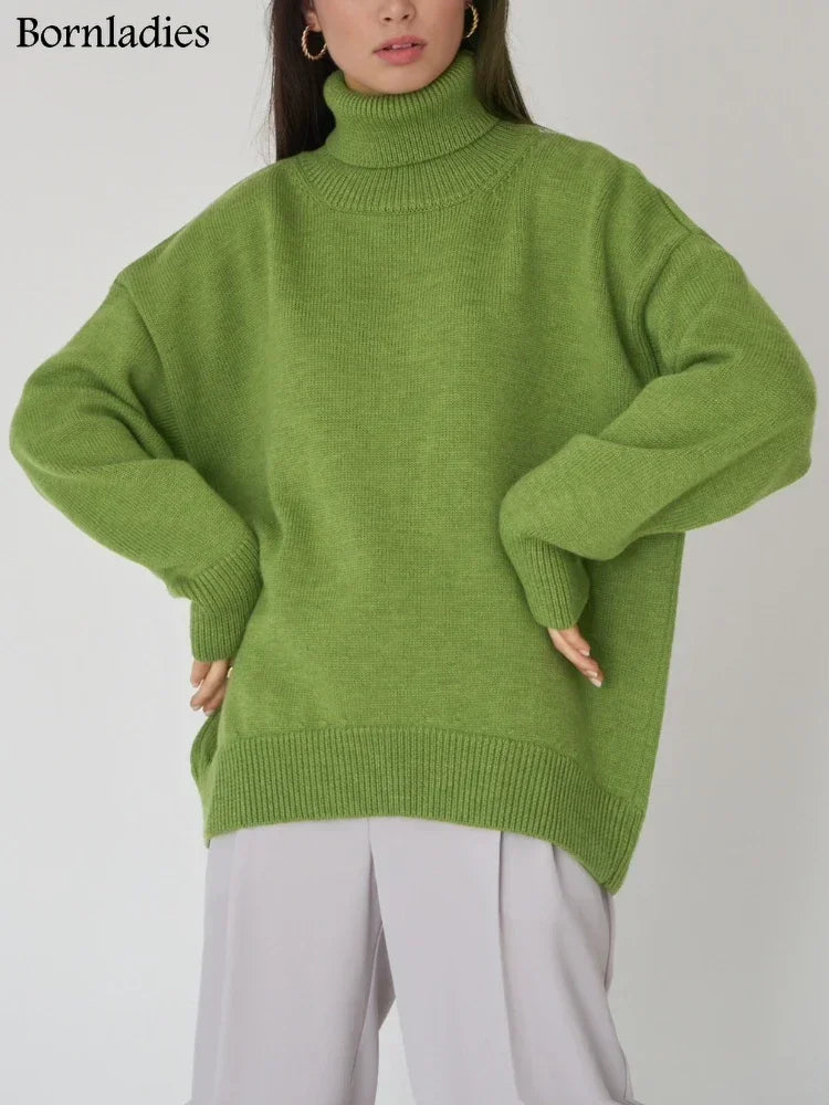 Bornladies Women Turtleneck Sweater CHIC Autumn Winter Thick Warm Pullover Top Oversized Casual Loose Knitted Jumper Female Pull