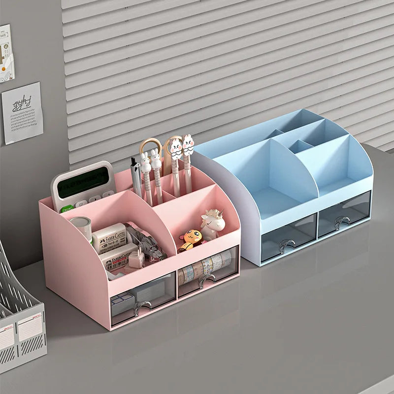 Desk Organizer with 2 Drawers, Multi-Compartment Plastic Desktop Storage Box for Stationery, Makeup & Office Supplies