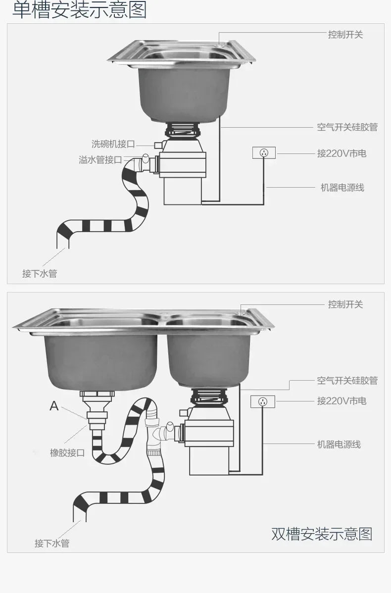 220V Food Waste Disposer Kitchen Sink Household Garbage Processor for Food Scraps EA