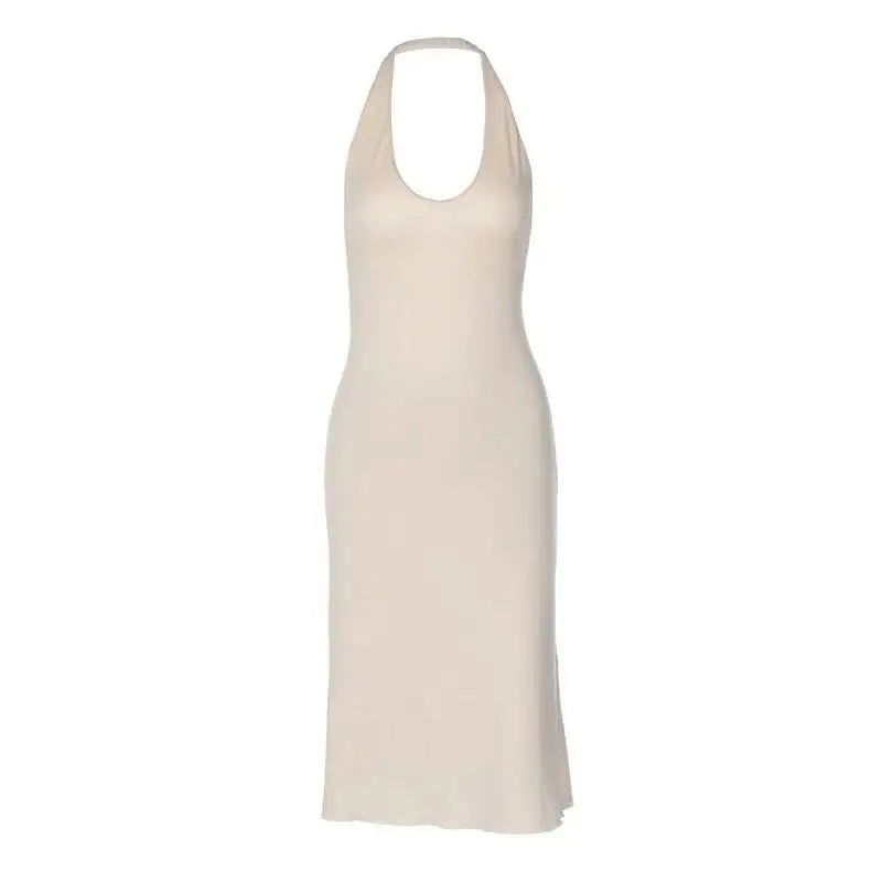 Mozision Women Halter Deep V Neck Midi Dress Sleeveless Backless Bodycon Ruffle Hem Long Dress Elegant Club Party Evening Dress