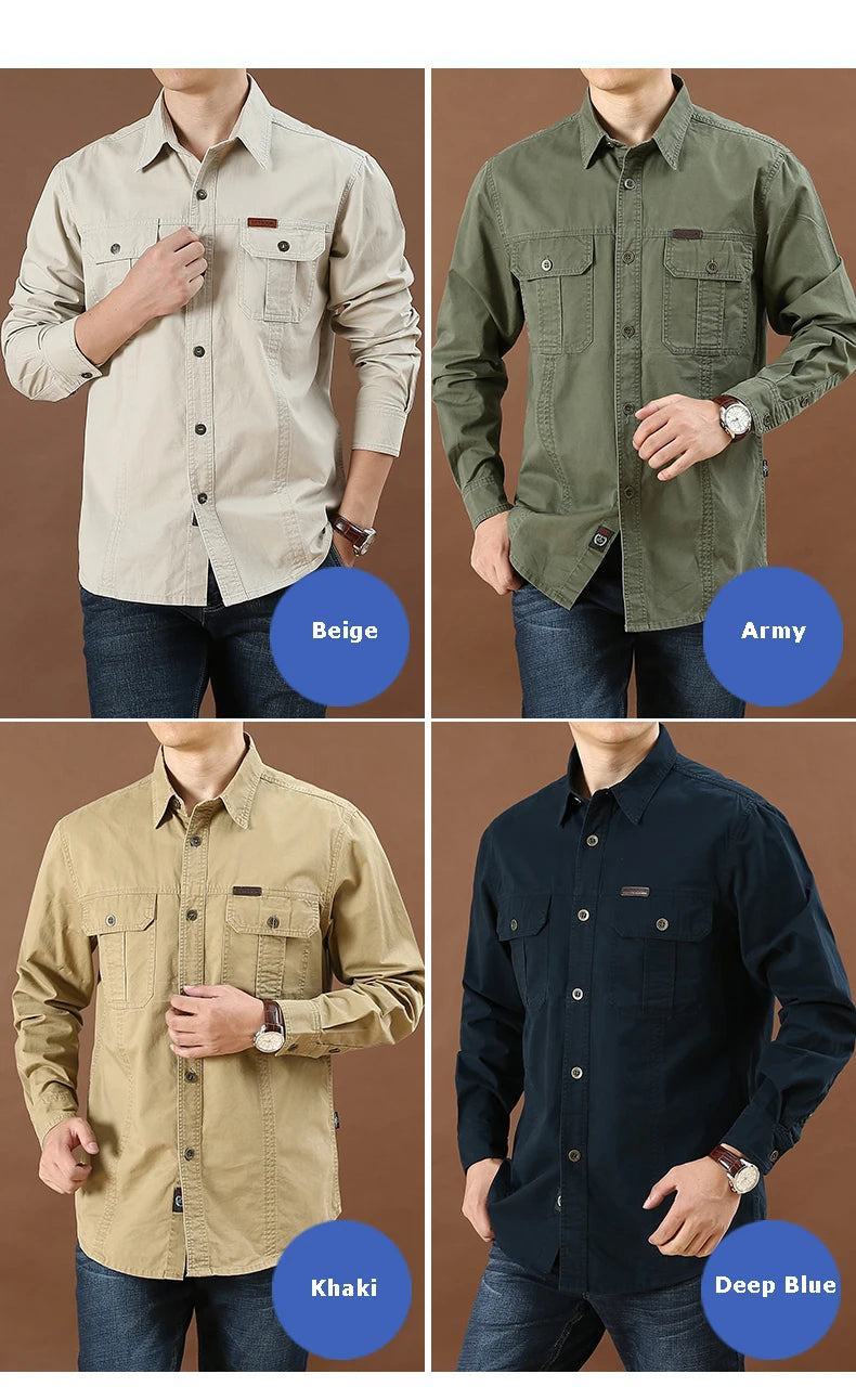 100% Cotton High Quality Spring Fall Fashion Men's Long-Sleeve Solid Color Casual Shirt Multi Pocket 6XL Large Size Cargo Jacket
