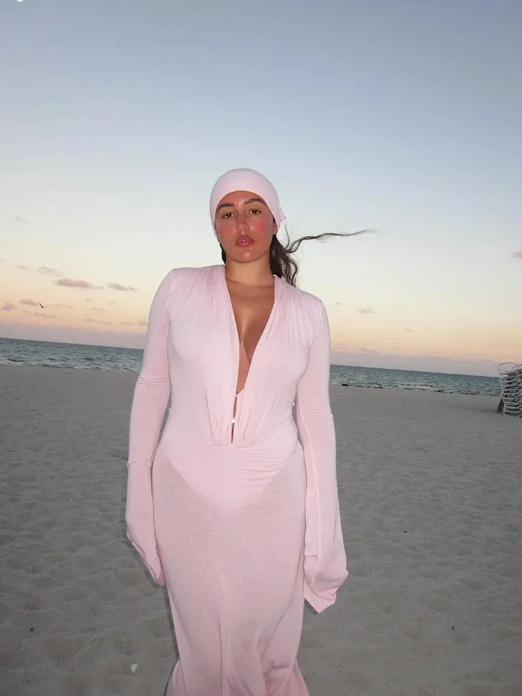 Luxury See Through Mesh Bodycon Maxi Dress For Women Lady Long Flared Cuff Deep V Neck Pleated Beach Holiday Evening Party Gown