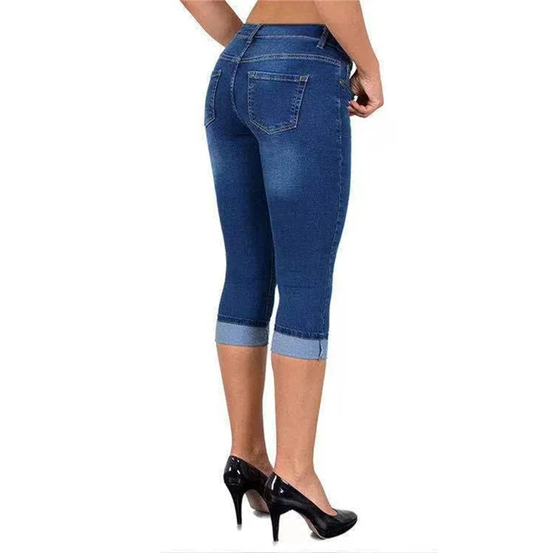 Women Simple Style Slim Pencil Jeans Scratches Decoration Seven-quarter Length Pants Daily Casual Commuter Female Denim Trousers