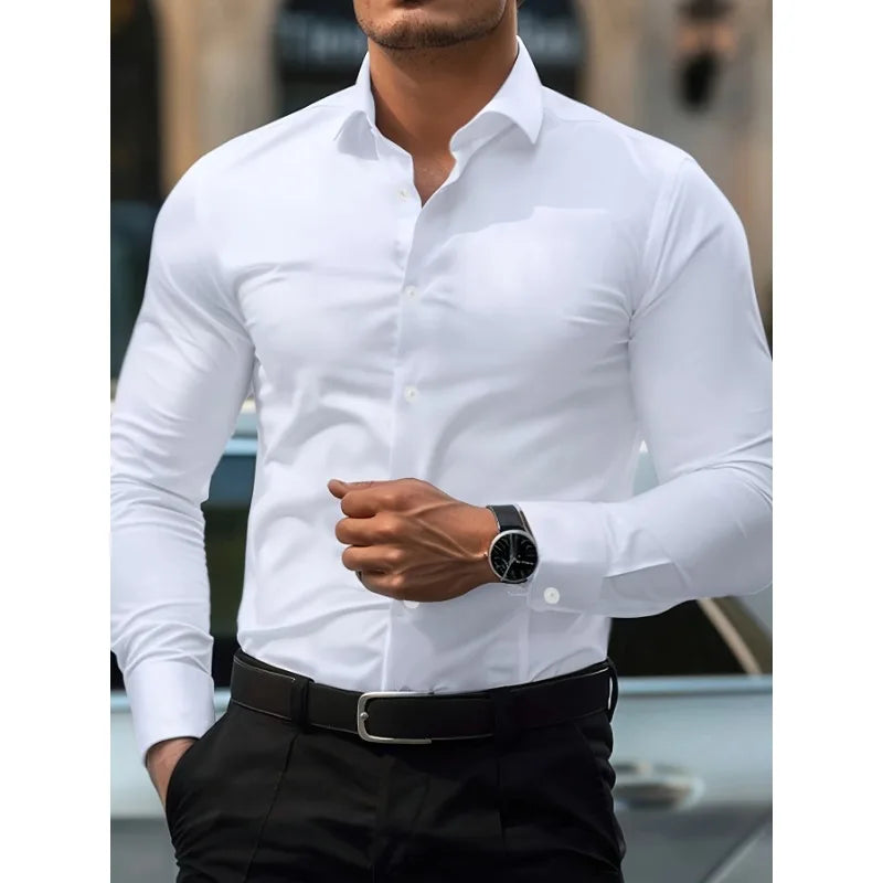 FGKKS New Men Shirts Fashion Quality Long Sleeve Casual Solid Color Elastic Male Business Shirt