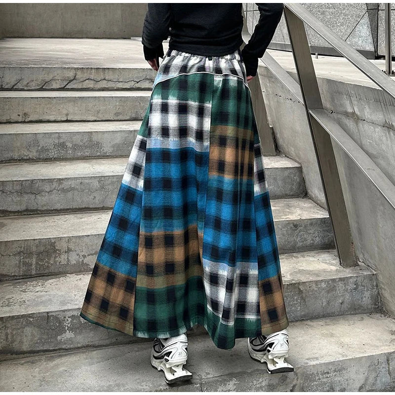 High Fashion Denim Skirt Women Elastic High Waist A-Line Long Skirt Female Colorful Patchwork Plaid Jean Skirt
