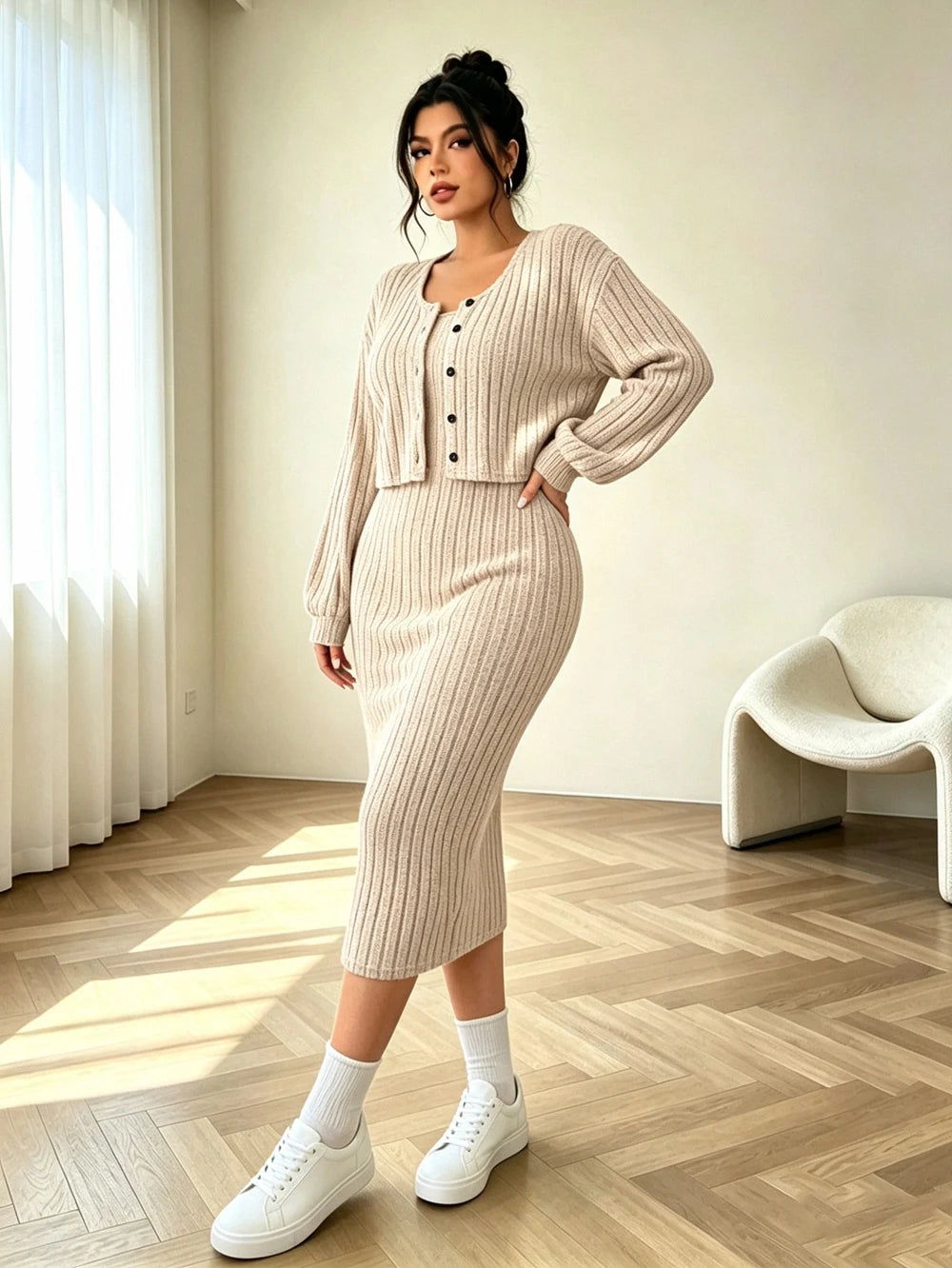 Plus-size Women's Button-down Cardigan Dress Set, Ribbed Knit, Drop-shoulder Design, Perfect for Autumn Wear