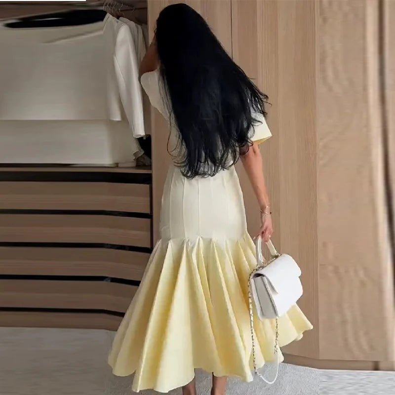 Elegant Solid Women's Dress V-Neck Short Sleeve Pleated Waist-Closed Hip Package Maxi Dresses 2026 Summer Female Vacation Robe