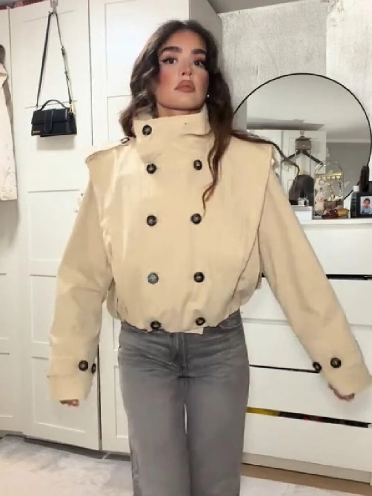 Trendy Stand Collar Cropped Jacket Fashion Double Breasted Long Sleeve Chic Commute Coat 2026 Autumn New Daily Casual Streetwear
