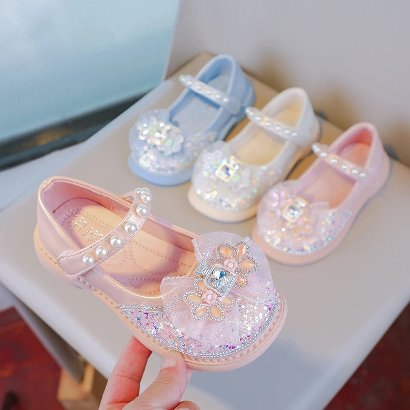 Spring and Autumn Fashion Princess Pearl Elegant Casual Shoes Hot Selling Lightweight Children's Comfortable Bow Soft Flat Shoes