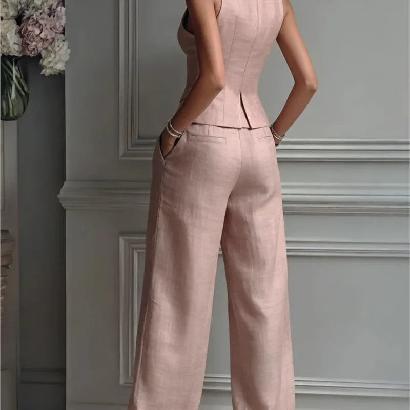 2026 Summer Women Two Piece Set Single-breasted Sleeveless Vest Top And Trousers Pants Set Suit Office Ladies Suits