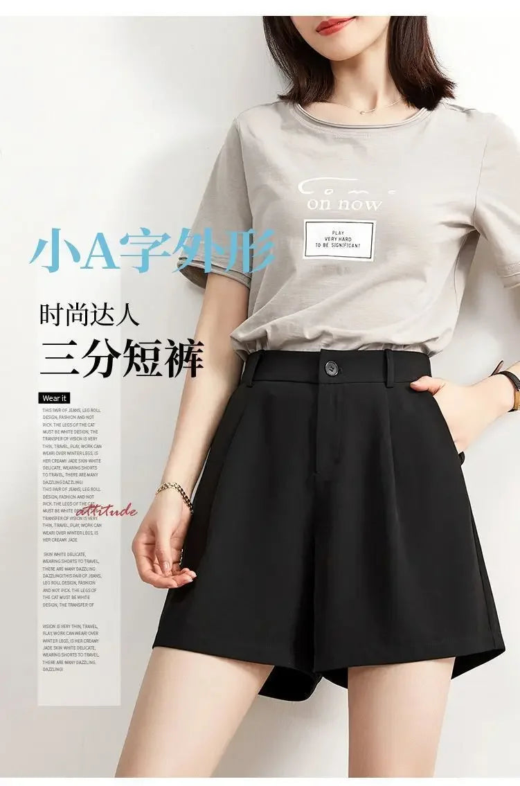 Suit Shorts Women Wear Loose Waist Tight Waist High Thin Loose Straight Leisure A -line Wide -legged Female Three -point Pants