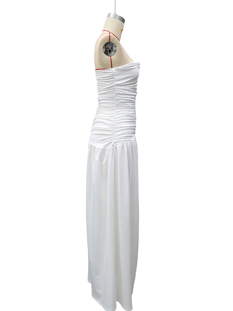 Rinabe Deep V Neck Strapless Maxi Dress Chic Solid Off-shoulder Backless Split Elegant Evening Dress Women Chic Slim Dresses