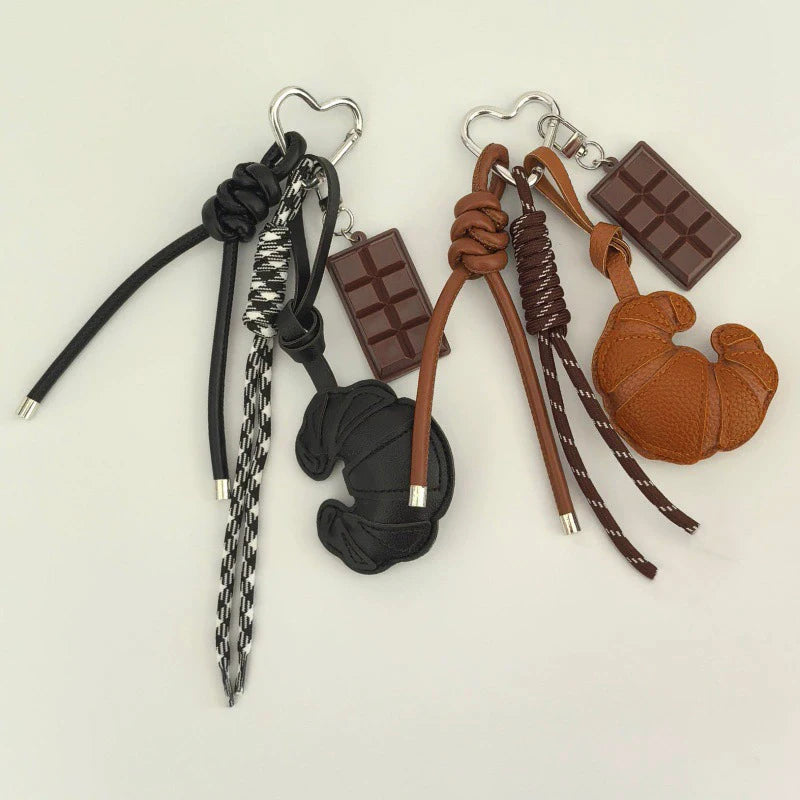 Cute Croissant Pendant Keychain Cartoon Bread Bag Charm Backpack Hanging Woven Rope Design Accessories Gift